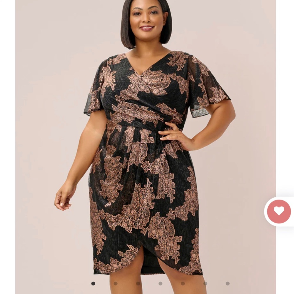 EUC Adrianna Papell Metallic Foil Crinkled Midi Wrap Dress Rose Gold and Black